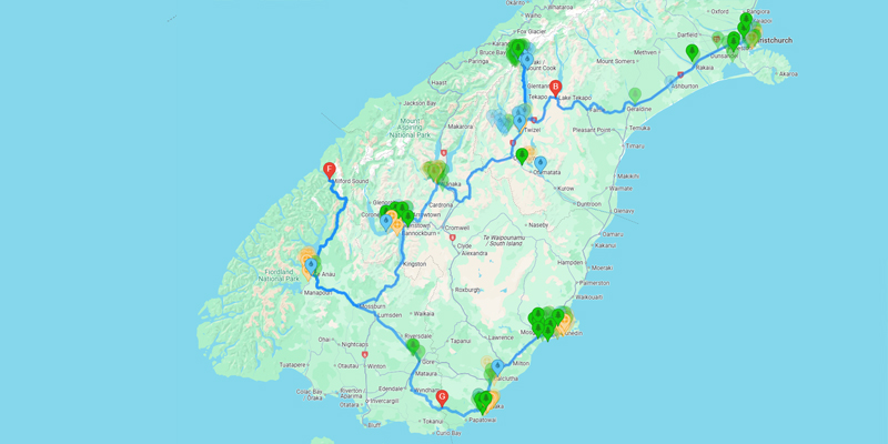 Map of 14 day only South Island Itinerary