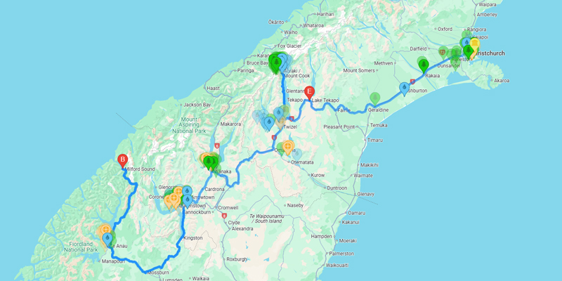 Map of 14 day South Island Itinerary