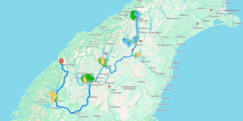Map of 7 day South Island Itinerary
