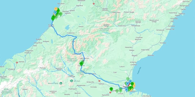 Map of Christchurch to Greymouth