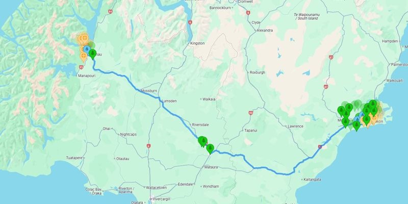 Map of Dunedin to Te Anau