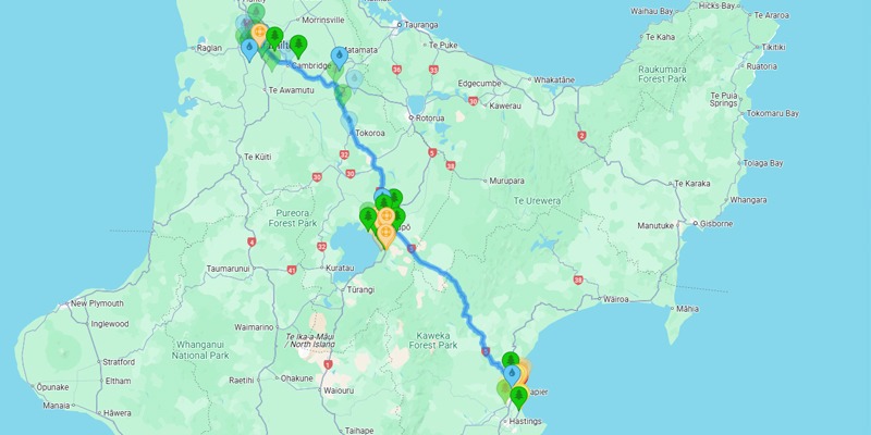 Map of Hamilton to Taupō to Napier
