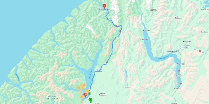 Map of Te Anau to Milford Sound